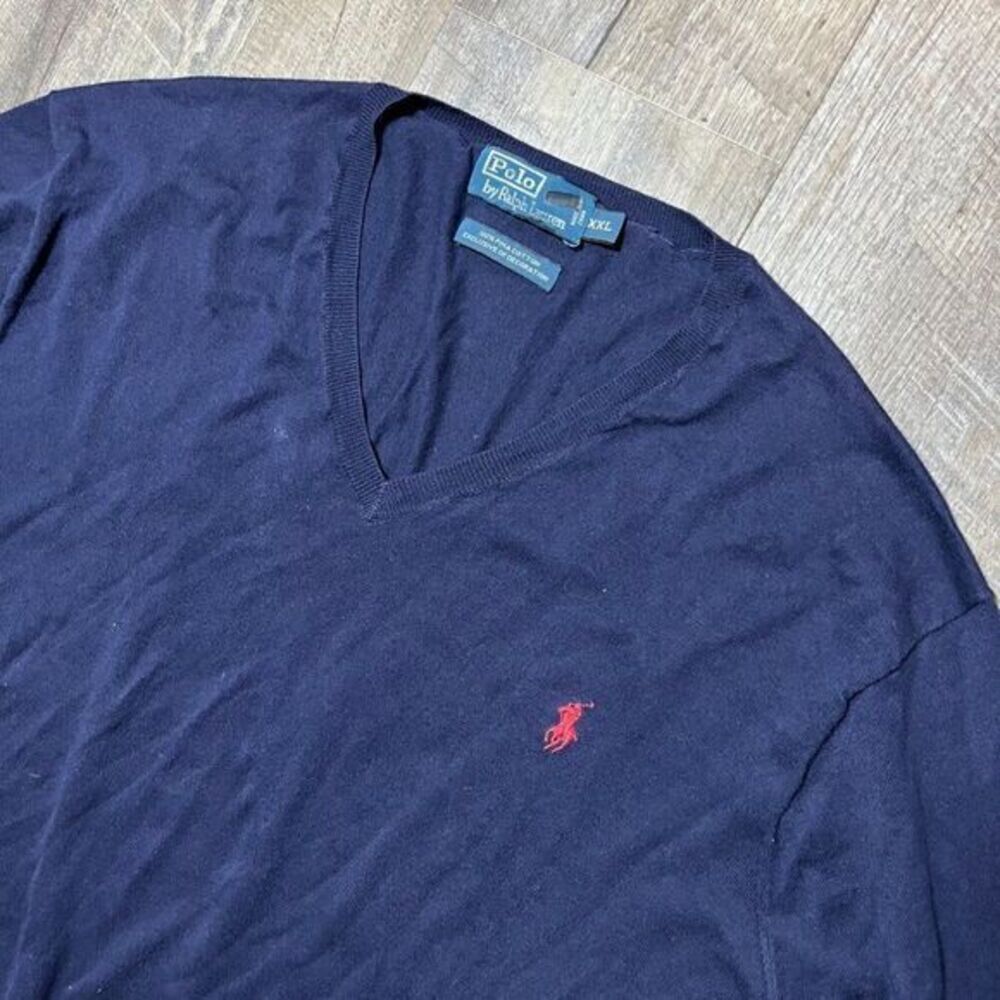 Vintage Polo Ralph Lauren Navy‎ Blue Pima Cotton V Neck Sweater Mens Size XXL